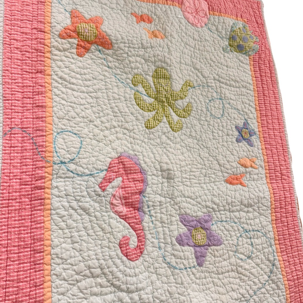 Nautical‎ Sea Turtle Seahorse Fish Quilted Baby Toddler Blanket Crib Throw - Picture 2 of 5